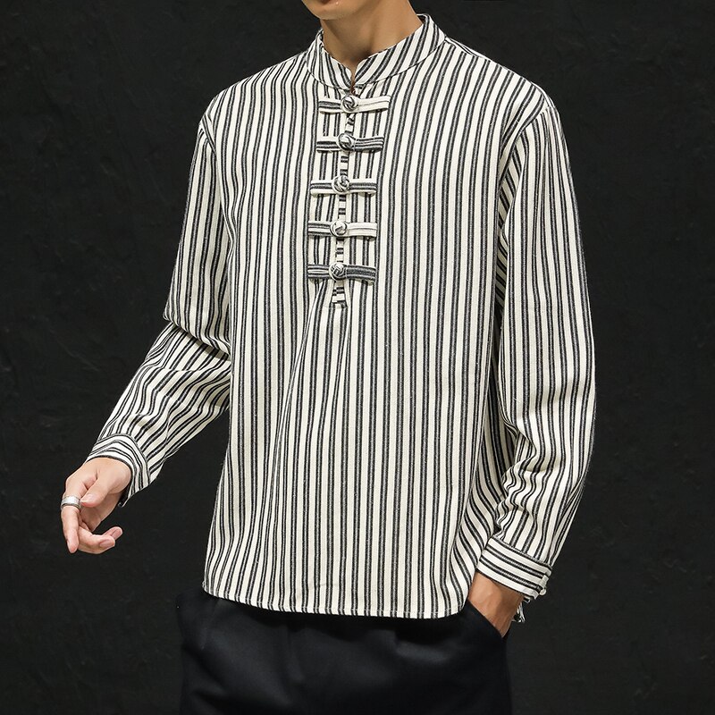 Chinese stijl overhemd met lange mouwen, gestreept overhemd, herenkleding, losse harajuku tops, retro hanfu kleding voor mannen: Zwart wit / Ik