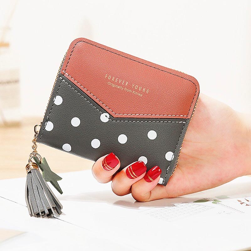 Korte Portemonnees Dame Portemonnee Kwasten Rits Vrouwen Dots Wallet Bag Kaarten Id Houder Meisjes Portefeuilles Geldzakken Notecase Pocket Poucht: Dark pink