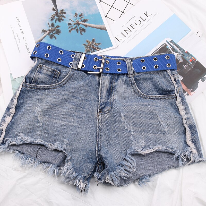 Punk Casual Canvas Unisex Riem Dubbele Rij Gaten Pin Vierkante Gesp Taille Riem Wit Zwart Student Vrouwen Mannen Jeans tailleband: Blue
