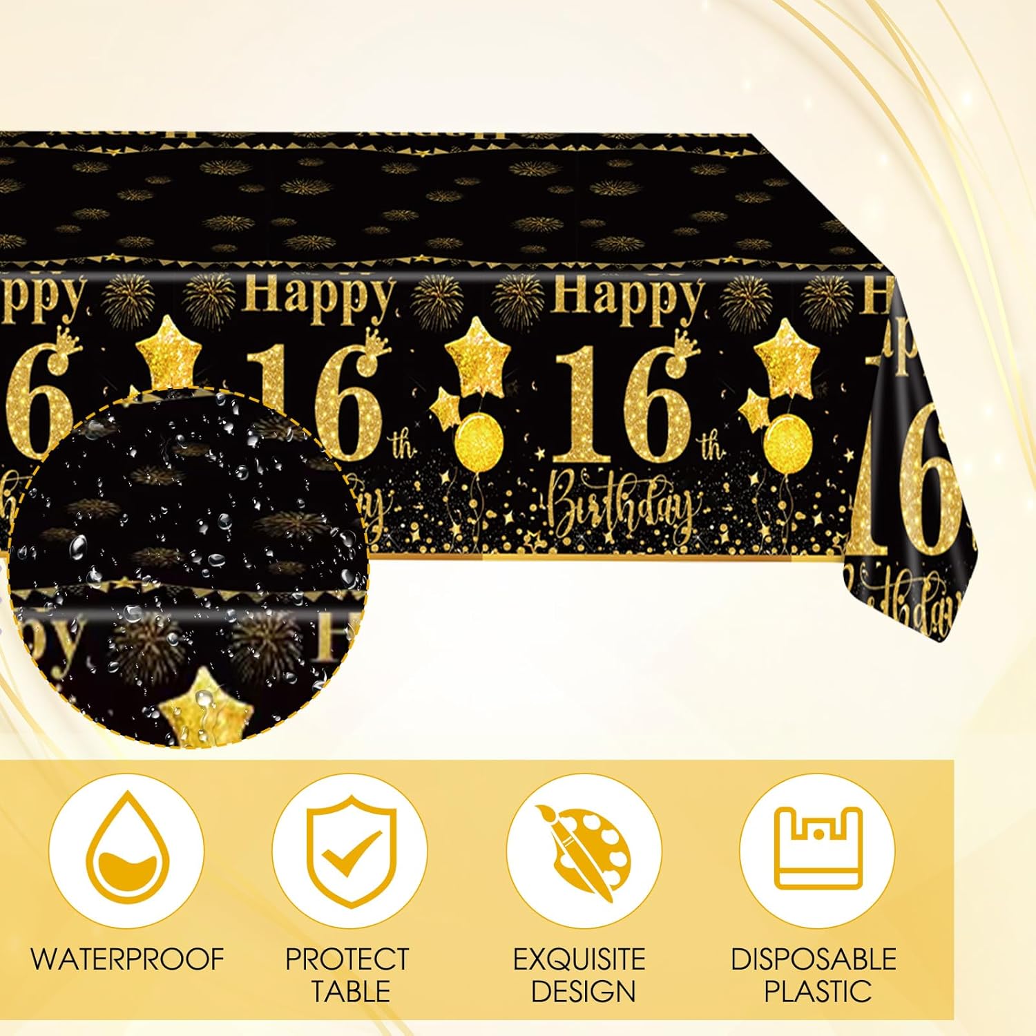 16e verjaardag voor jongens meisjes Gelukkige 16e verjaardag benodigdheden 16 feestdecoraties Zwart goud 16e verjaardag Borden Servetten Tafelkleden