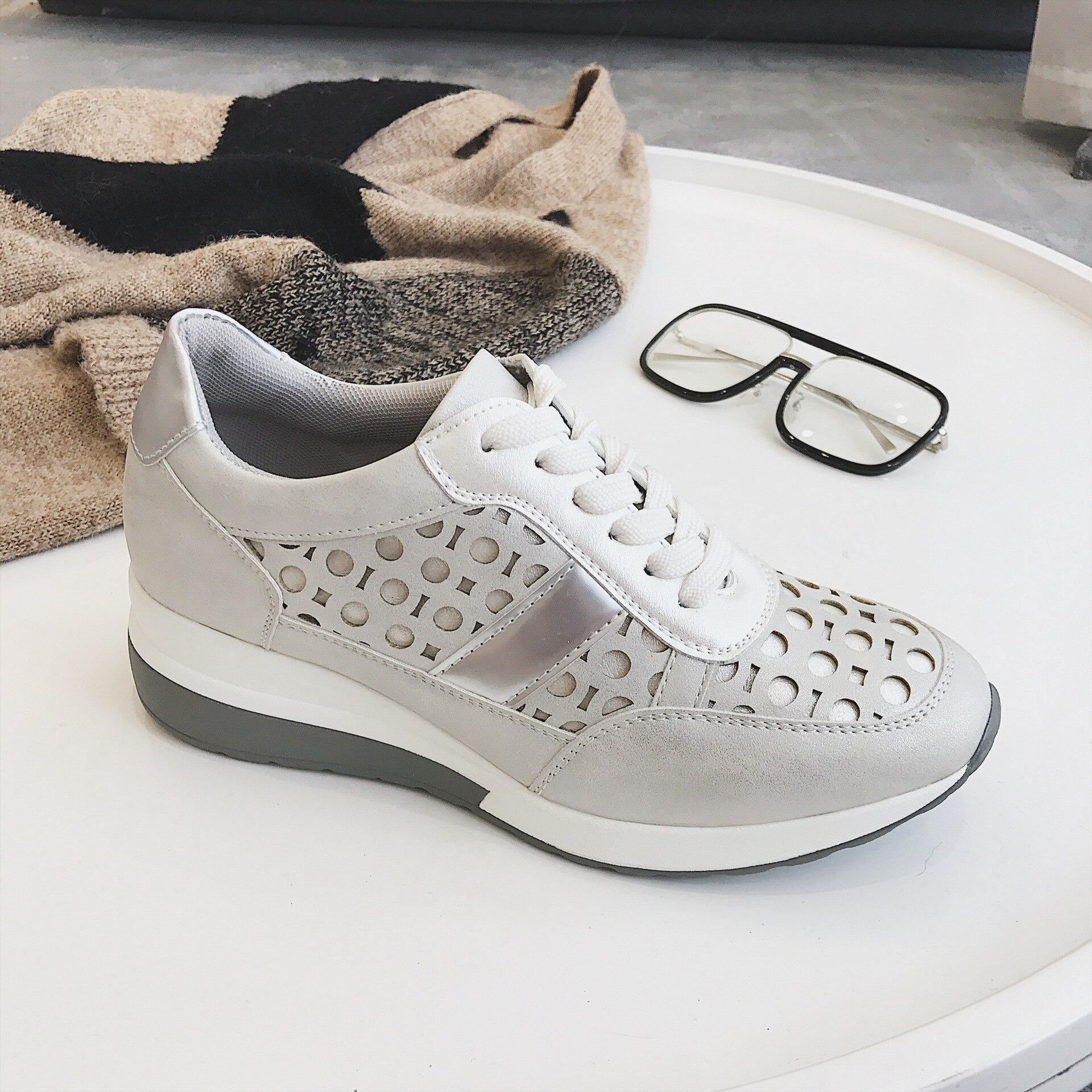 Fujin schoenen dames lente herfst dikke onderkant mesh ronde neus toenemende ademende casual dames sneakers