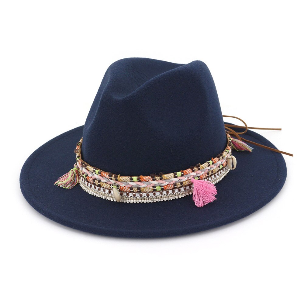 Nationale stijl dames heren wollen fedora hoed voor heren brede rand retro jazz hoed kerk panama paar petten: 8