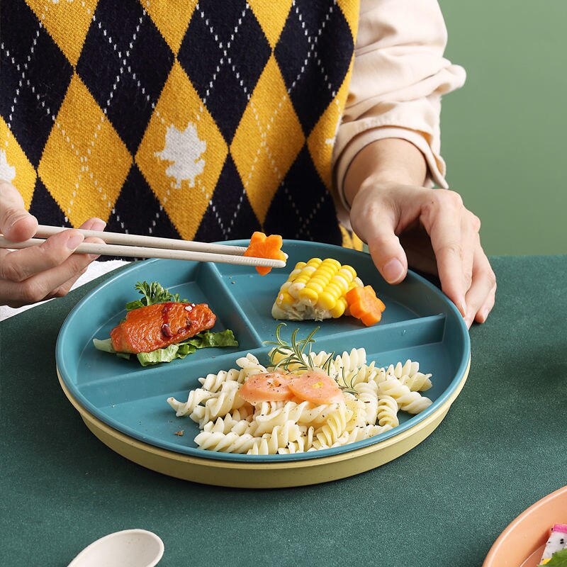 Plates For Food Dinner Plates Fruit Dinnerware Dining Compartment Plate Dessert Dishes Salad Kitchen Wheat Straw Tableware 3Grid