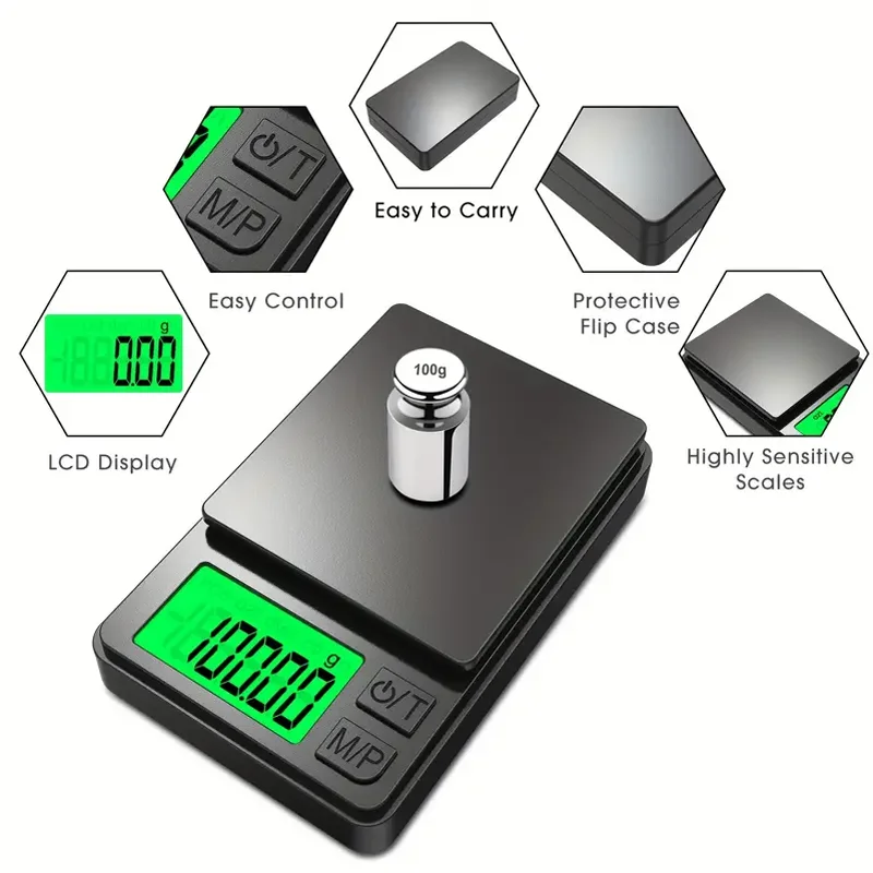 1 Stück Präzisions-Elektronikwaage, 1000 g x 0,1 g – digitale Gramm-Lebensmittel-Schmuck-Unzen-/Getreidewaage mit hintergrundbeleuchtetem LCD – Miniwaage