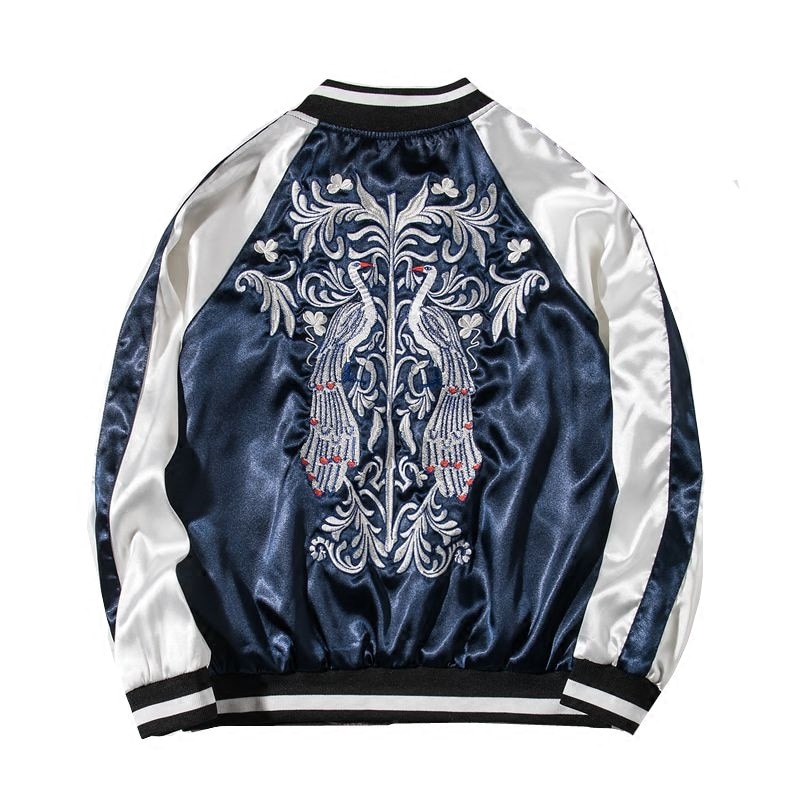 Women / Men Spring Autumn Clothes Silk Satin Baseball Jackets Student Both Sides Wear Peacocks Embroidered Bomber Jacket Coats