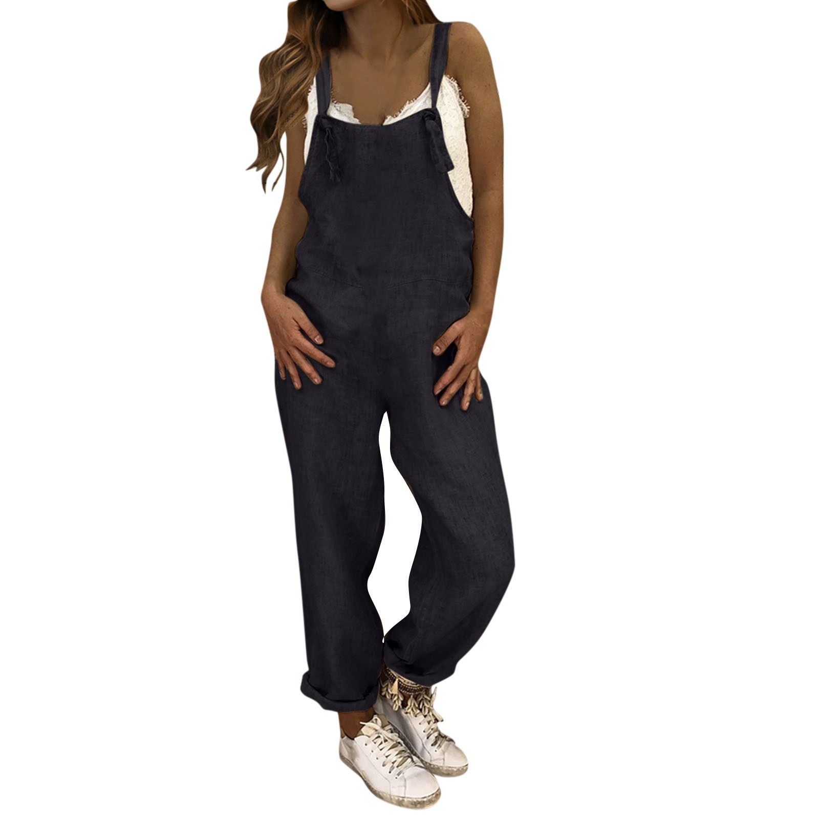 Jumpsuit plus size ensfarvede vide ben kvinder jumpsuit sommer afslappet løs ærmeløs lommer hagesmækken overalls sparkedragter: M / Sort