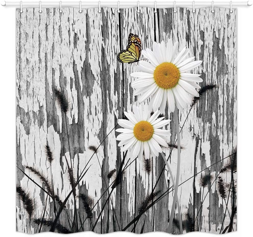 Tenda da doccia fiore rustico farfalla floreale fiori bianchi margherita con ganci pannelli di assi di legno grigio Vintage tende da bagno