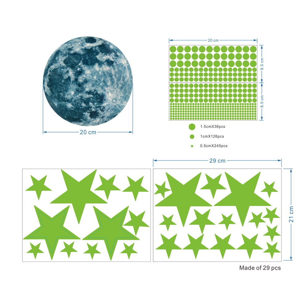 Fluorescerende muurstickers voor de slaapkamer, 's nachts lichtgevende stickers, maansterrencombinatie, 3d muurstickers voor de woonkamer