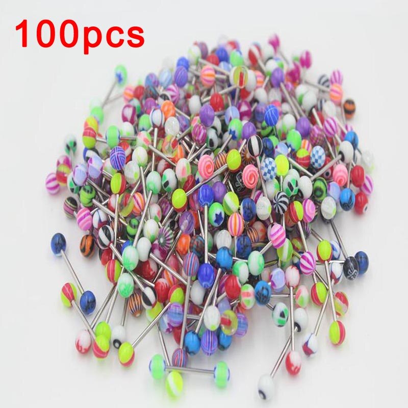 10/20/30/50/100 pcs Double Acrylic Ball Tongue Nipple Ear Rings Bars Barbell Plug Tunnel Body Piercing Jewelry Random Color @M23: 100pcs