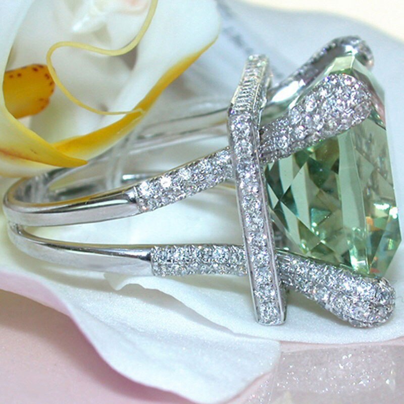Bague de fiançailles et de mariage pour femme, accessoire de Glamour, vert, Zircon, plaqué argent