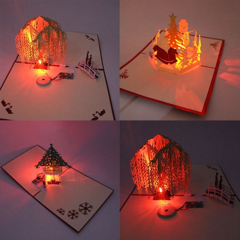 3D Paper-Cutting LED Christmas Greeting Card Card Handmade Pop Up Postcard Glowing Birthday Christmas Music Greeting Card