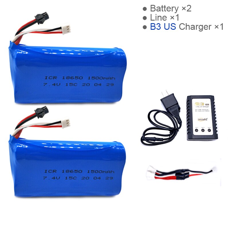 7.4V 1500mAh Lipo Battery for WPL MN99S D90 U12A S033g Q1 H101 7.4V 18650 SM Battery Rc Boats Cars Tanks Drones Parts: 2B 3in1 line B3 USC