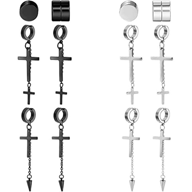 6 Pairs Magnetic Stud Earrings Stainless Steel Magnet Clip on Earrings Non Piercing Hoop Dangle Cross Earrings for Men and Women