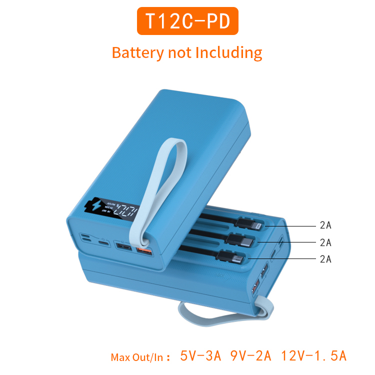 Blaues ladegerät-akkugehäuse, 12*18650 akkuhalter, ladebox pd -qi 10w 12v-1.5a, diy-powerbank für handy, drei usb-anschlüsse: T12c- pd-blau