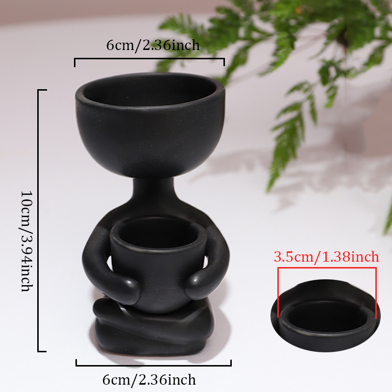 Humanoid Ceramic Flower Pot Character Sitting Posture Sculpture Vase Desktop Flower Arrangement Container Couple Ornaments: Black (A)
