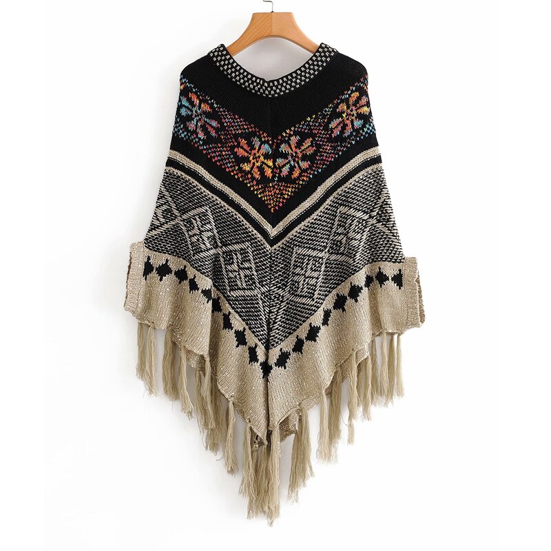 2020 outono crochê praia vestido cobrir as mulheres verão impressão tribal franja bainha poncho camisola a432: Cáqui