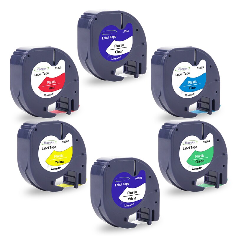 Topcolor-cintas de etiquetas para impresora dymo 91202, pegatinas de plástico, negro sobre amarillo, 12mm, para LetraTag Plus, LT-100T, LT-110H, 2000, XM, 6PK: Mix Colors