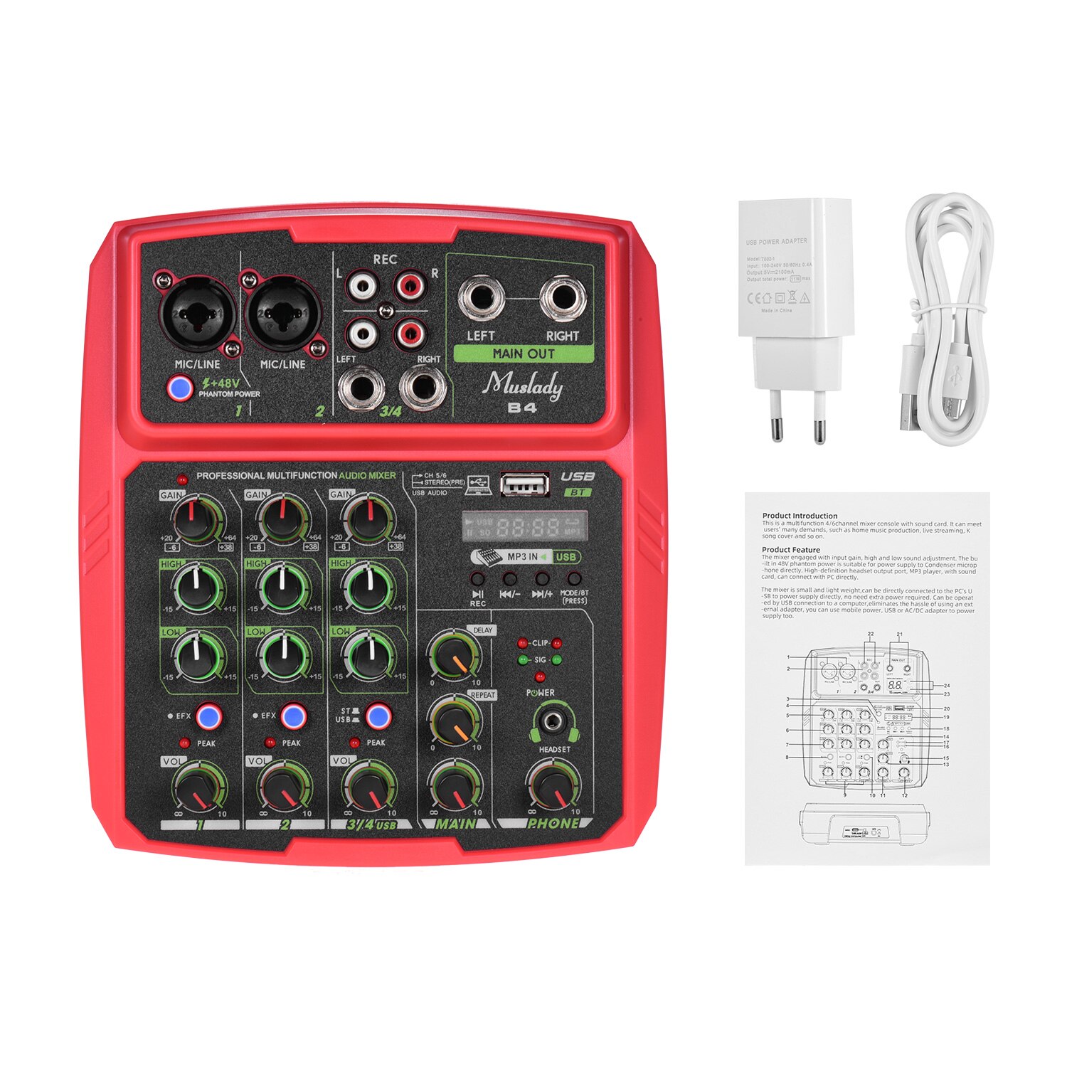 Muslady B4 Portable 4 Channels Audio Mixer USB Mixing Console Supports BT Connection with Sound Card Built-in 48V Phantom Power: red EU PLUS