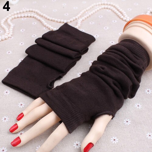 Kvinder strikket arm fingerløs vante håndled varm vinter lange handsker armvarmere: Brun