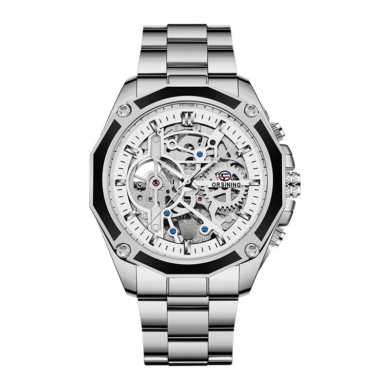 Forsining Rvs Waterdicht Heren Skeleton Horloges Top Luxe Transparante Mechanische Sport Mannelijke Horloges: silver white