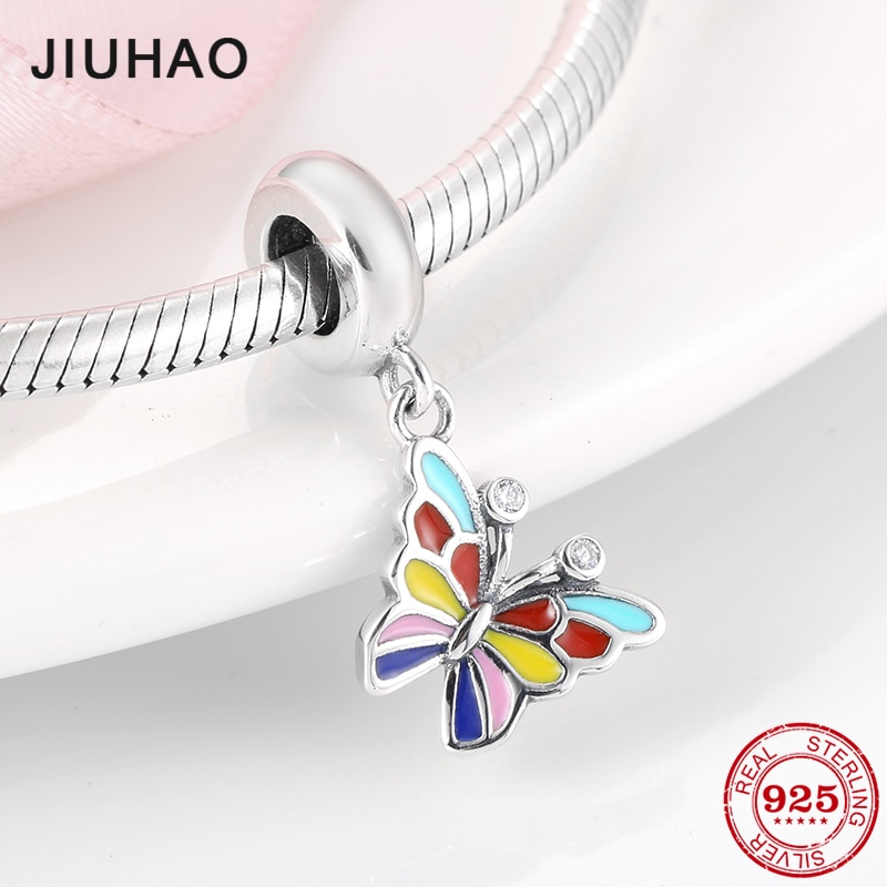 Authentic 925 Sterling Silver Colorful flower butterfly Enamel Beads fit Bracelets Bangles DIY Womens Jewelry making