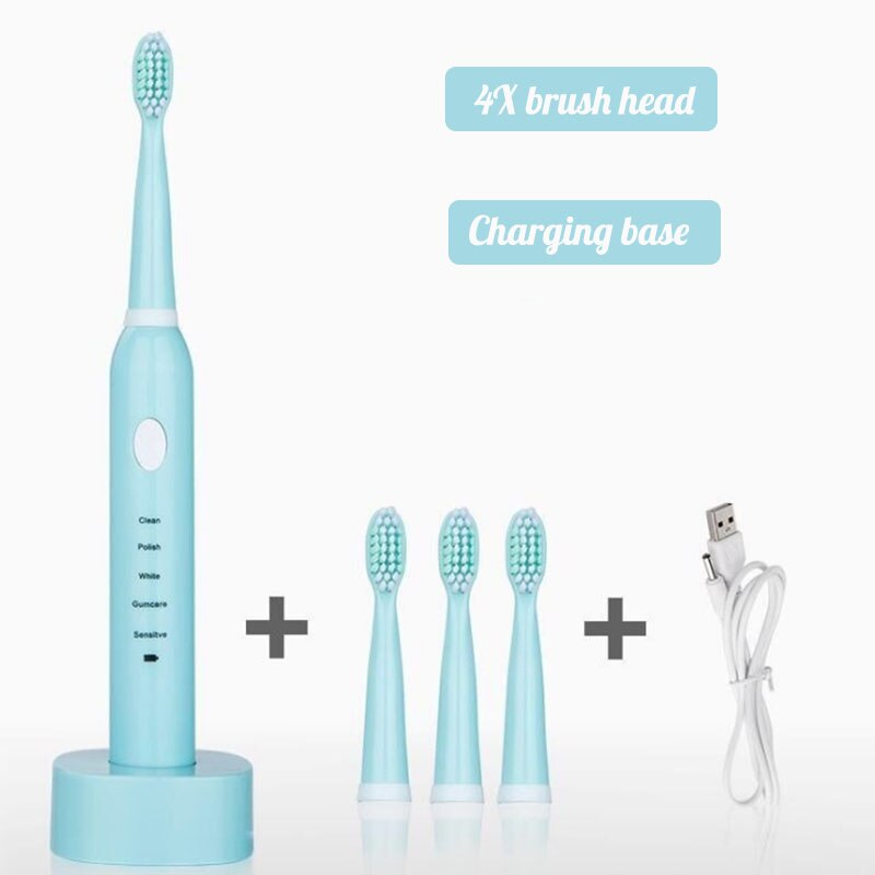 USB Rechargeable Electric Toothbrush 5 Mode Whitening Healthy Travel Toothbrush with 3 Replaceable Brush Head for Adult Kid: Green