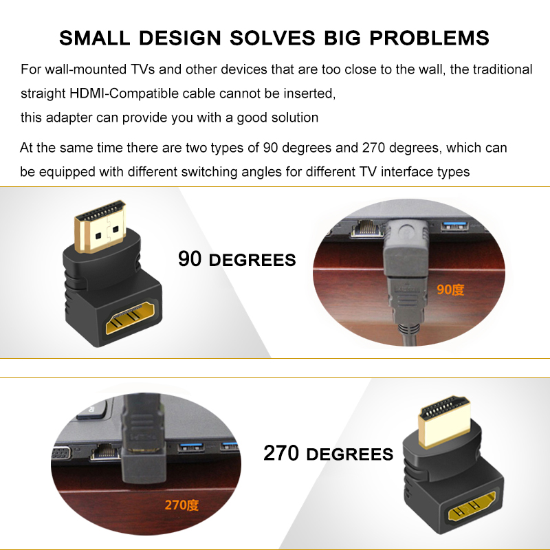Adaptador HDMI 90 270 grados ángulo recto 4K extensor HDMI convertidor macho a hembra conector de Cable compatible con HDMI para TV portátil