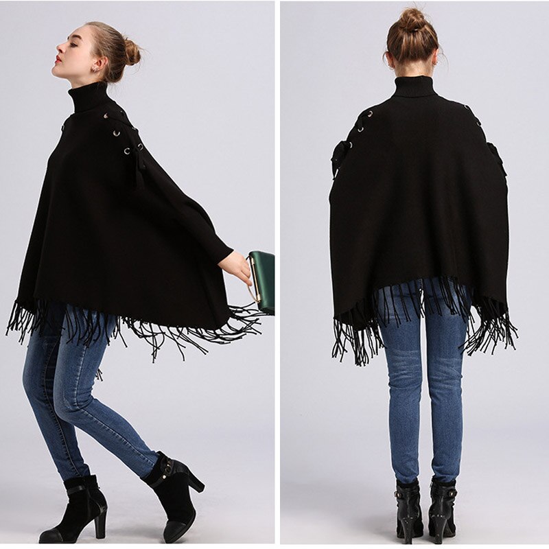 Noyau filé glands attache pull à col roulé en vrac manches chauve-souris pull Cape femmes automne hiver Poncho manteau