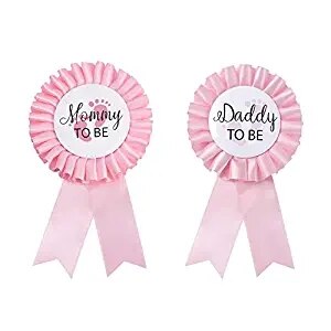 Daddy to be & Mom to be Tinplate Badge Pin - Baby Shower Button Dad Gender Reveals Party Baby Girl Pink Rosette Button