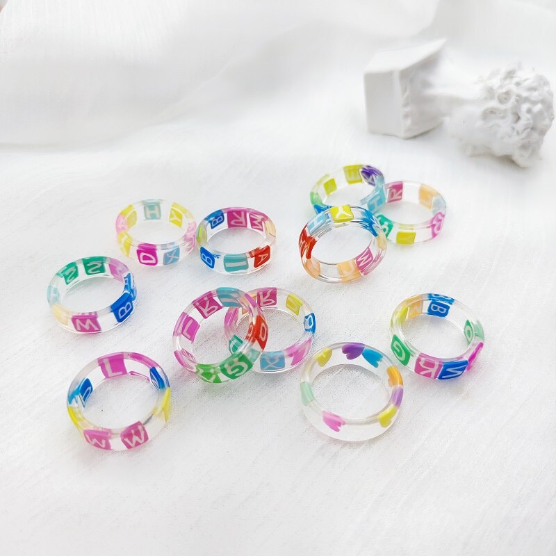 anillos mujer alianzas de boda pareja anillos aesthetic anillo mujer anillos tous 20 piezas / lote color transparente resina acrílico anillo mujer niña flor mariposa sonrisa carta impresión joyería al por mayor: letter