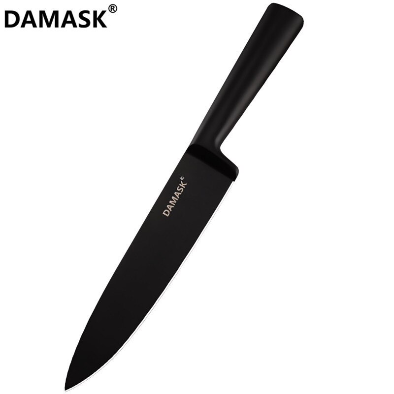 Damask sort rustfrit stål køkkenkniv belægning non-stick skarpt blad kokkeknive letvægts håndtag køkkenkniv sæt: 8 tommer kok