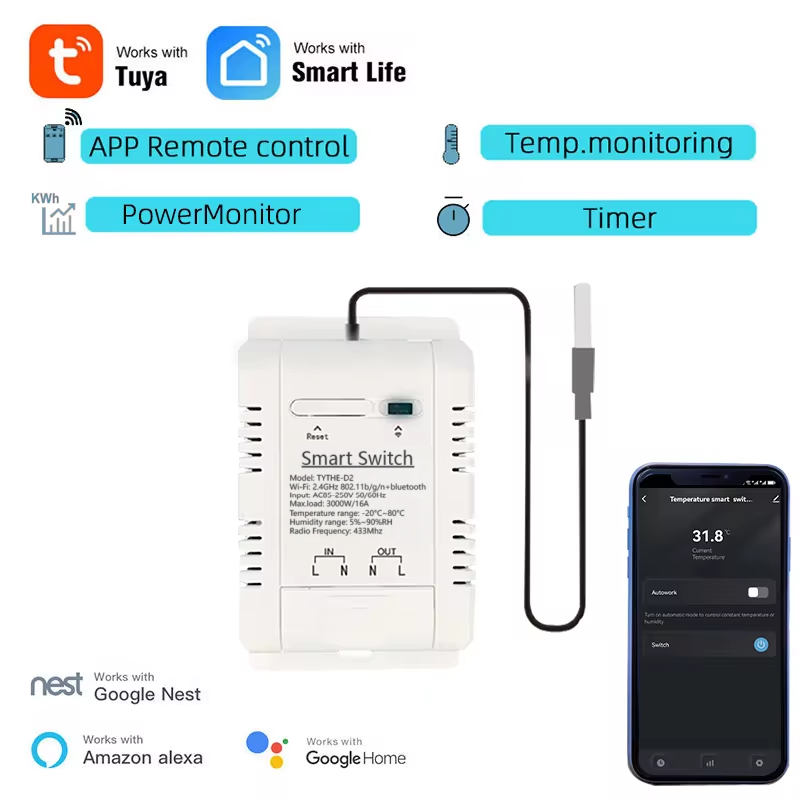 Tuya Wifi 16A20A Slimme Temperatuur-vochtigheidsschakelaar Power Monitor met Thermostaat Sonde Sensor voor Aquarium Kas Magazijn