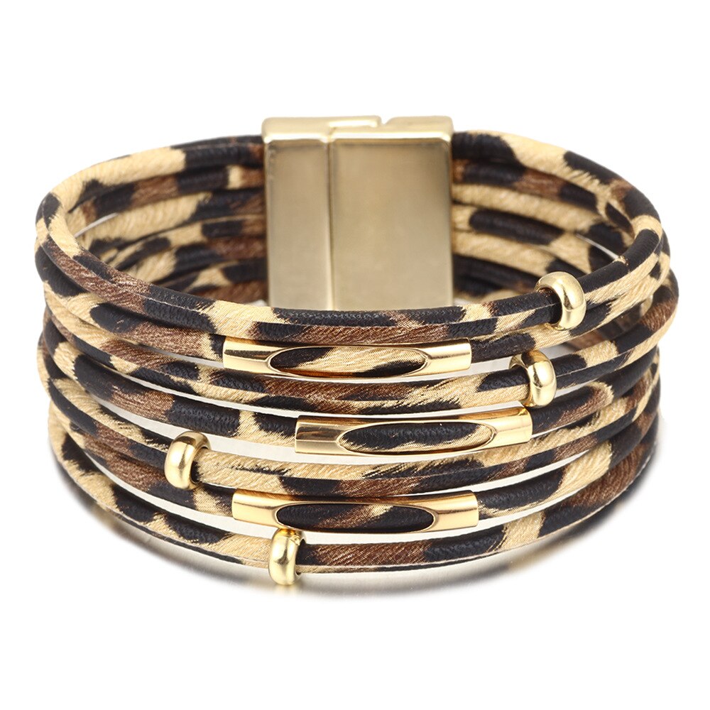 Multilayer Magneet Mode Luipaard Trendy Lederen Armbanden Vrouwen Mode Meisje Manchet Armband Vrouwelijke Sieraden geometrische: brown