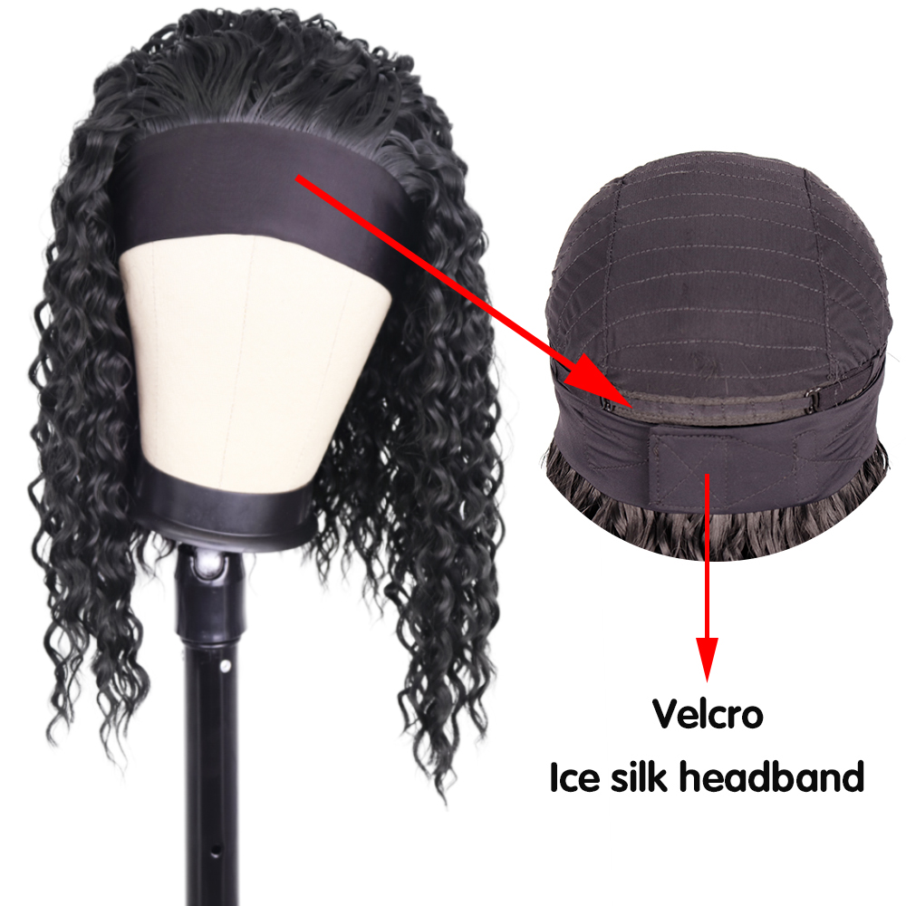 Synthetic Deep Wave Wigs with Head Wraps Short Bob Curly Headband Wigs for Black Women Kinky Curly Head Band Wig Peruca Cosplay
