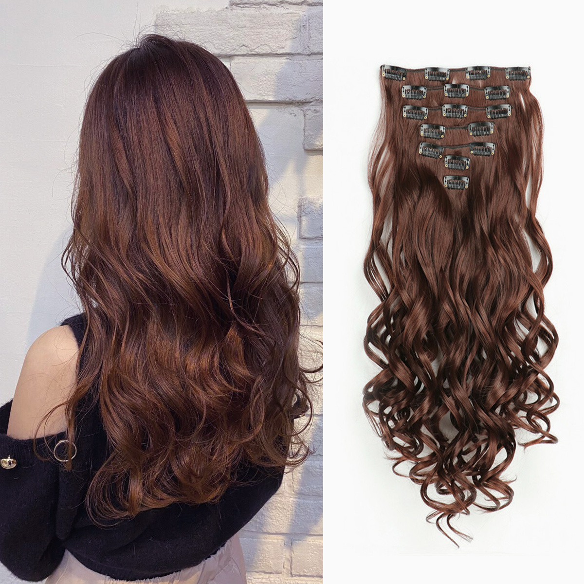 Extensiones de cabello con Clip, 7 Uds., cabeza completa, 22 pulgadas de largo, rizado, ondulado, sintético, Ondulado Natural para mujeres y niñas