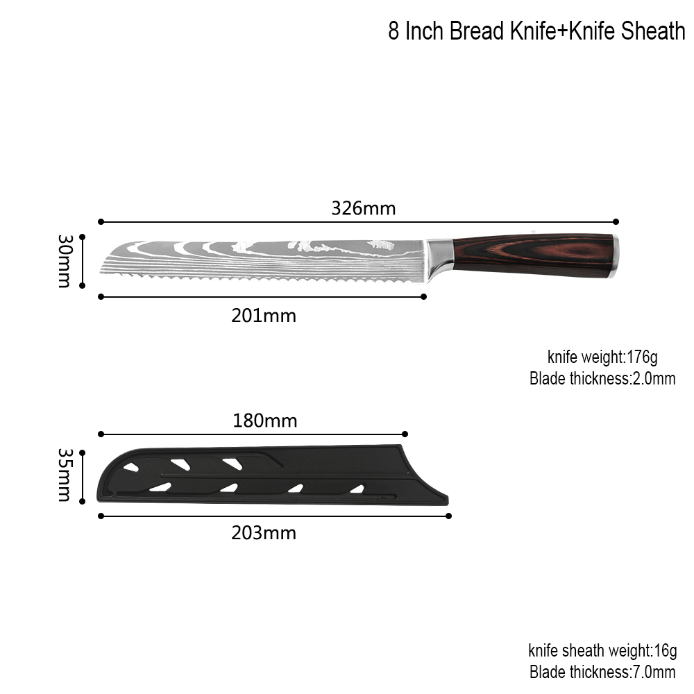 MYVI 8 Inch Bread Knife 7Cr17 Stainless Steel Good Kitchen Serrated Bread Knives With Color Wood Handle PP Knife Cover