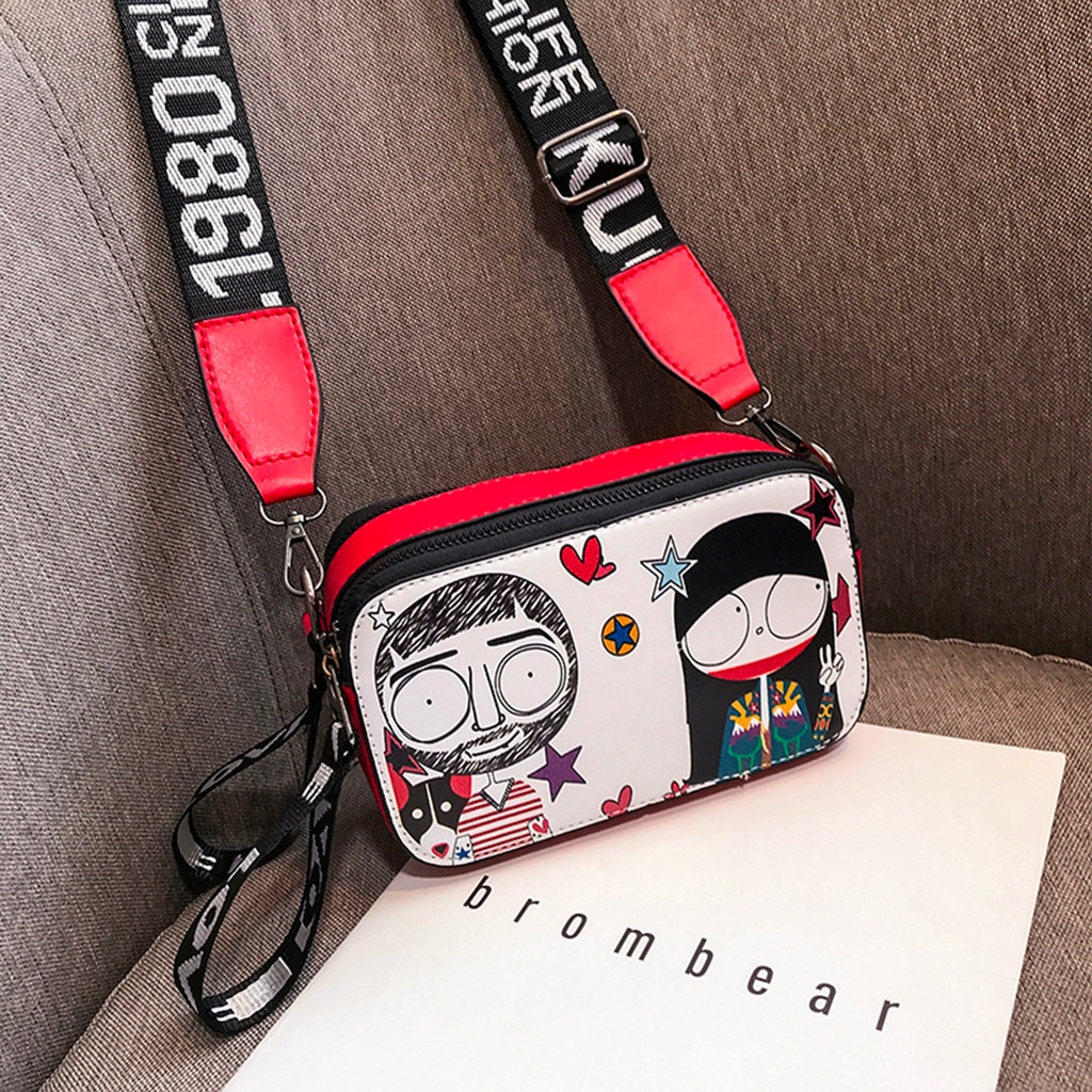 Été en cuir PU femmes sac de messager carré Graffiti sac à bandoulière épaisse sangle bandoulière sac à main Mini sac #35