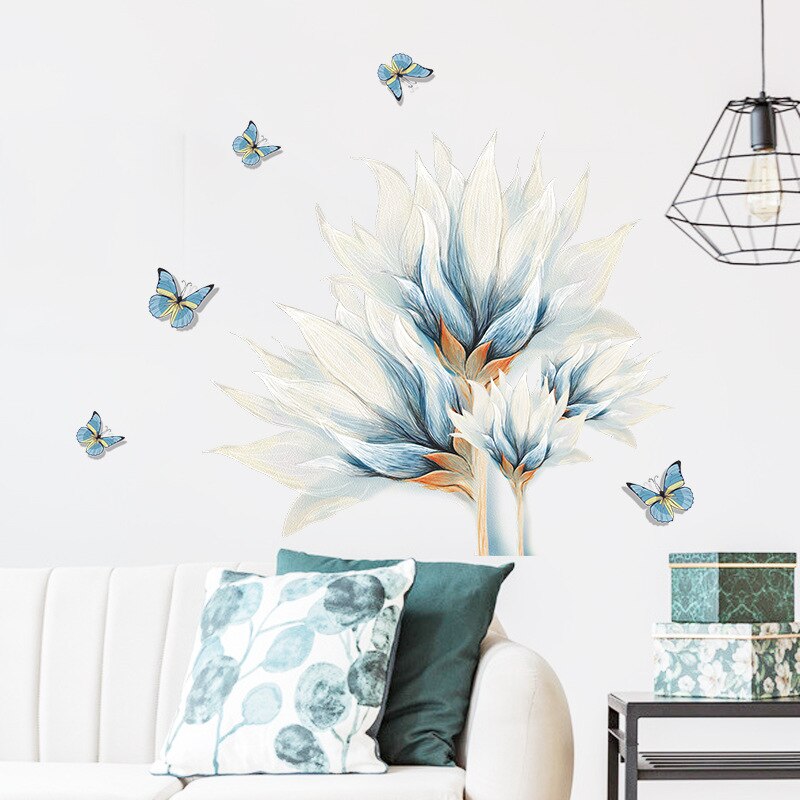 Water Color Blue Butterfly Flower Wall Sticker Liv... Grandado