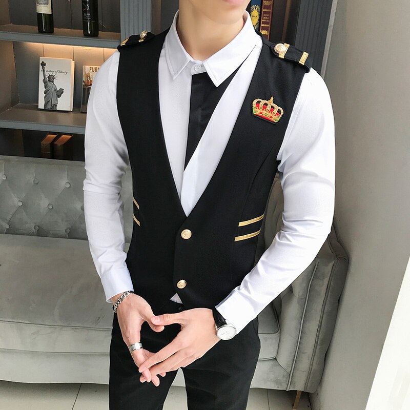 Borduren Crown Jurk Vesten Voor Mannen Slim Fit Vest Suits Casual Zaken Wedding Tuxedo Vest Gilet Chalecos Para Hombre: black / M