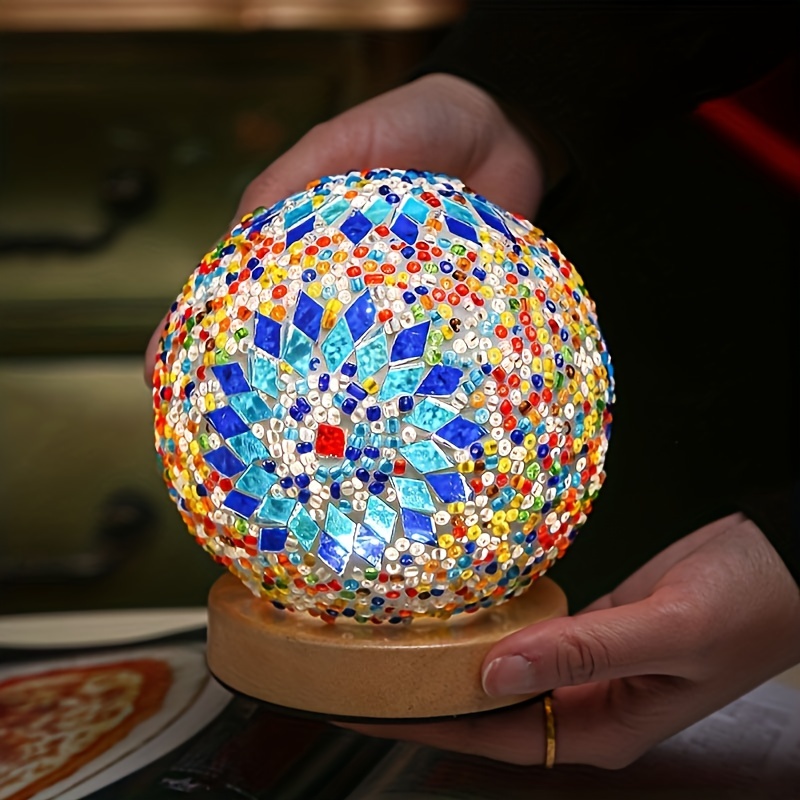 Mozaïek glazen bol tafellamp, bollamp met houten voet, turkse marokkaanse ronde kleine lamp voor slaapkamer, woonkamer en huisdecoratie.