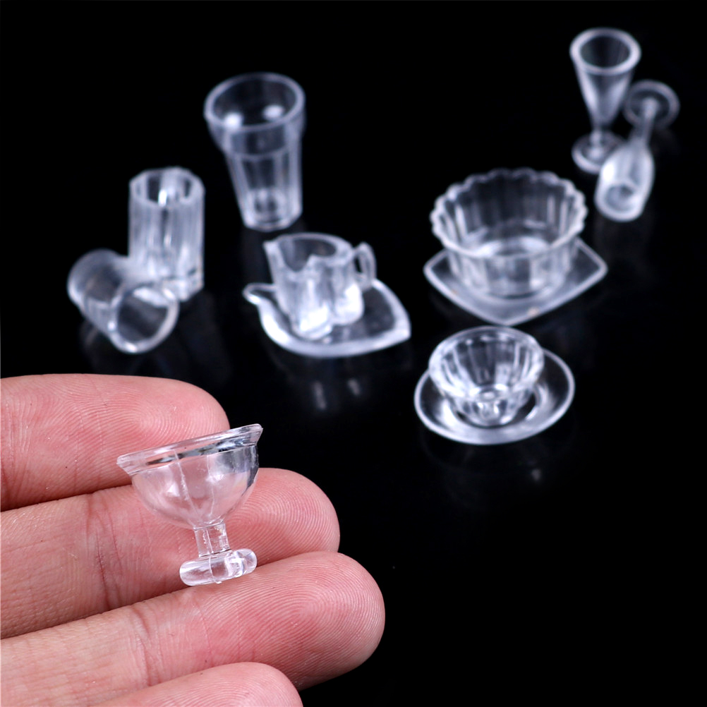 1 Set(13 pcs) Mini Transparent Dish Plate Drink Cups Tableware Miniatures DIY Pretend Play Kitchenware Toy