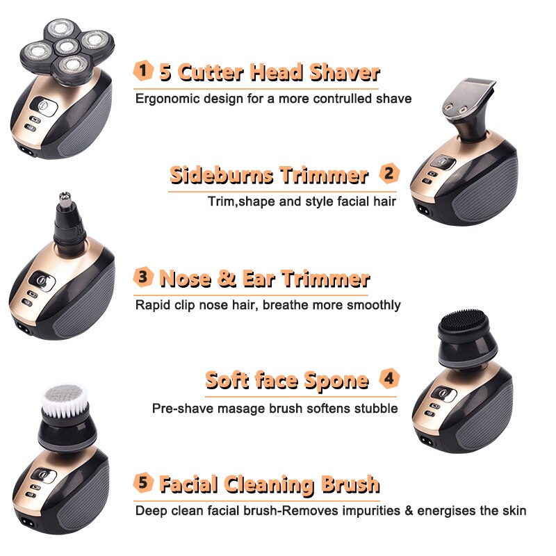 Máquina de afeitar eléctrica recargable para hombres, 5 en 1, con cinco cabezales flotantes, para el pelo, cortador de pelo de los oídos, cepillo de limpieza facial