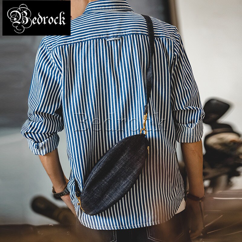 Retro blue white denim rough vertical striped shirt long-sleeved lapel Slim all-match male shirt