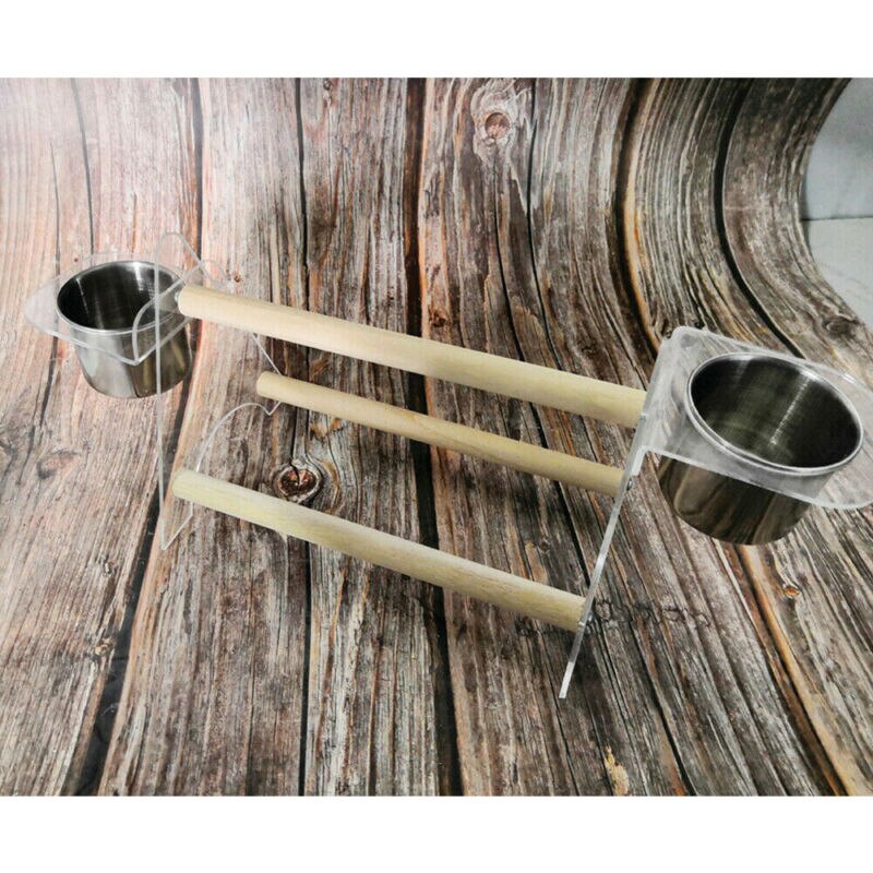 1x Birdcage Stands Parrot Bird Perch Table Top Stand Metal Wood 2 Cups Play Breeds(No Tray) 35x13x14cm