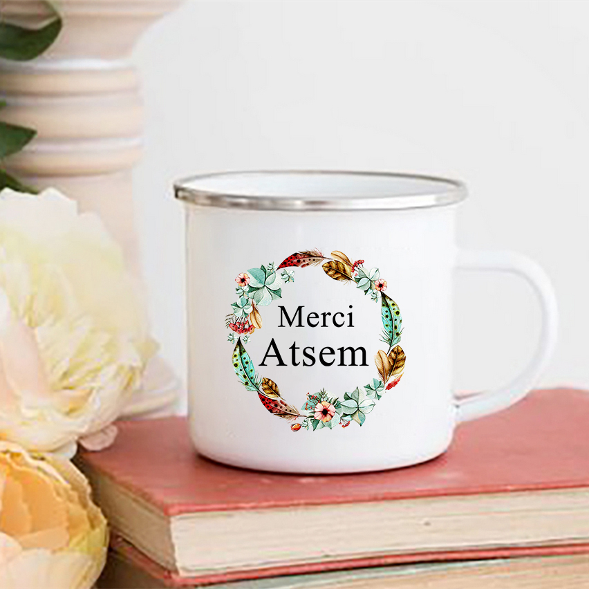 Merci atsem blomma tryck muggar kaffe te koppar drycker vatten mjölk kopp emalj mugg skolhandtag drinkware atsem