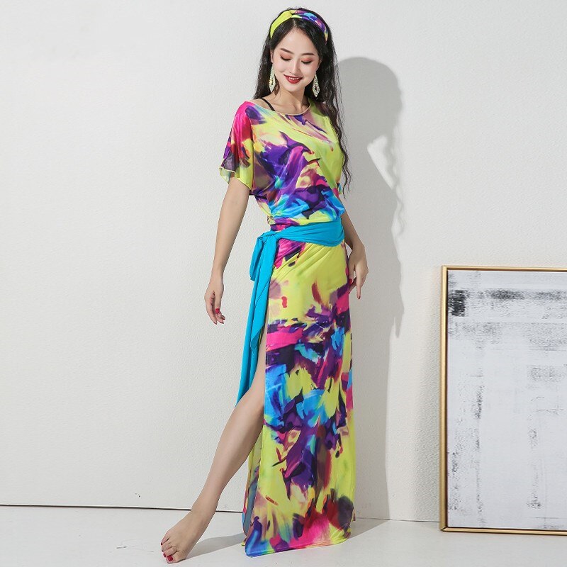 Conjunto de disfraz de Baladi Shaabi para mujer, ropa holgada de 4 piezas para espectáculo de danza del vientre, vestido largo con cinturón, estampado de leopardo, novedad de: Colorful