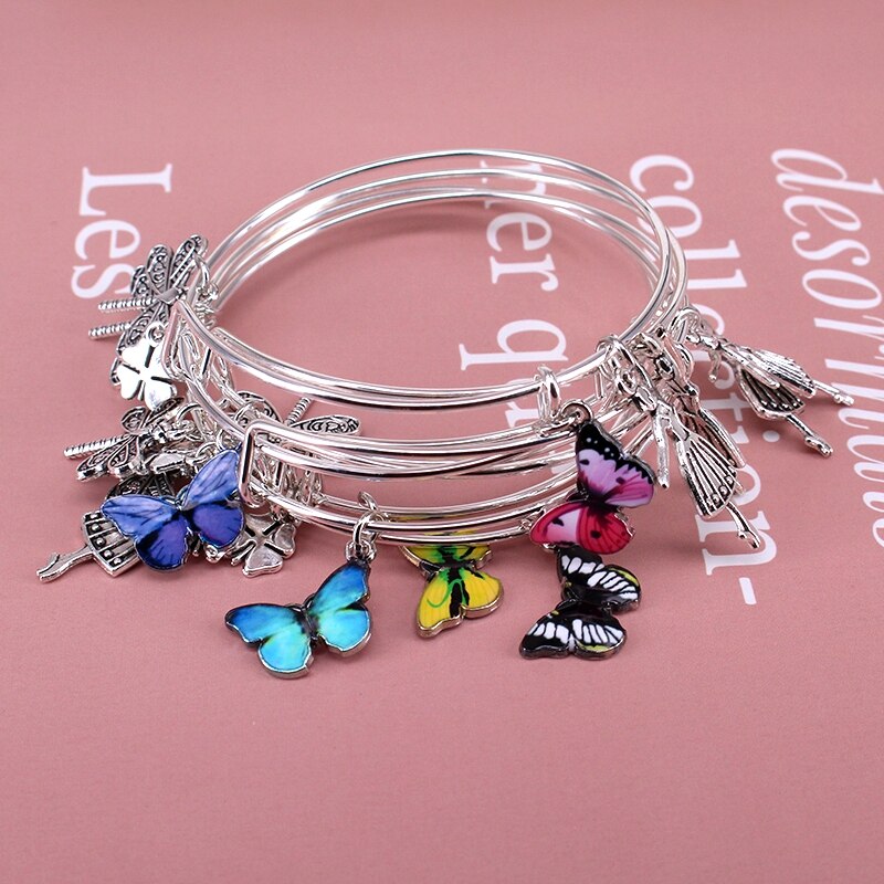 5Pcs Bangle Set Draad Armbanden Voor Vrouwen Meisjes Juwellen Vlinder Dragonfly Boog Bedels Armbanden Manchet Jewlery C044: E38 Silver Plated