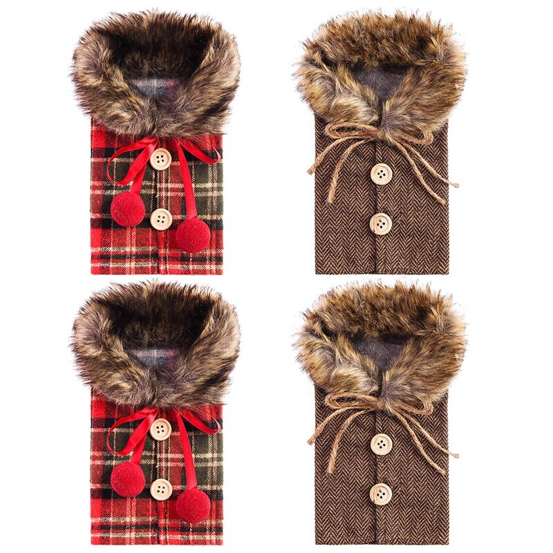 4 Stuks Kerst Wijnfles Covers Plaid Wijnfles Kleren Linnen Wijnfles Jurk Jas Wijnfles Zakken Voor xmas Party