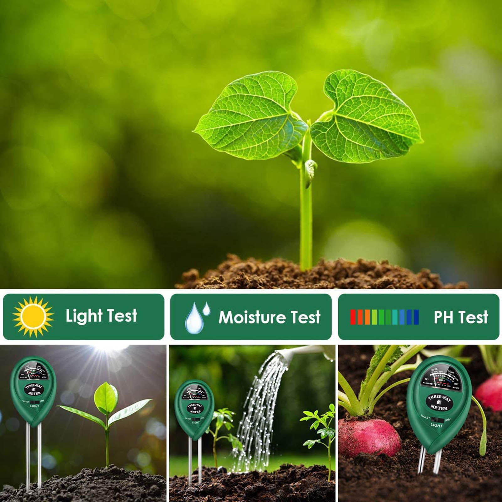 3in1 Soil Water Moisture PH Meter Acidity Humidity Sunlight Light PH Test Garden Plants Flowers Moist Tester Testing Instrument