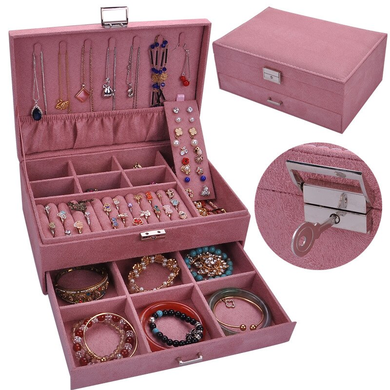 Fluwelen Sieraden Doos Multi-layer Oorbellen Storage Case 2 Lagen Mode-sieraden Organizer Hoogwaardige Flanel Draagtassen: Roze